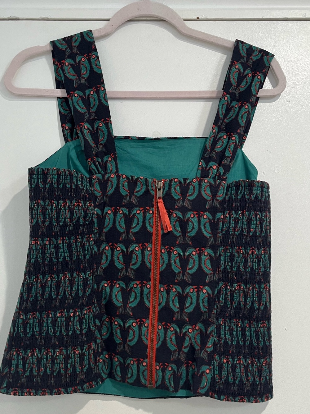 Anthropologie Maeve Blue & Green Cotton Ruched Toulouse Parrot Print Top‎ Sz. 8 - Picture 5 of 11